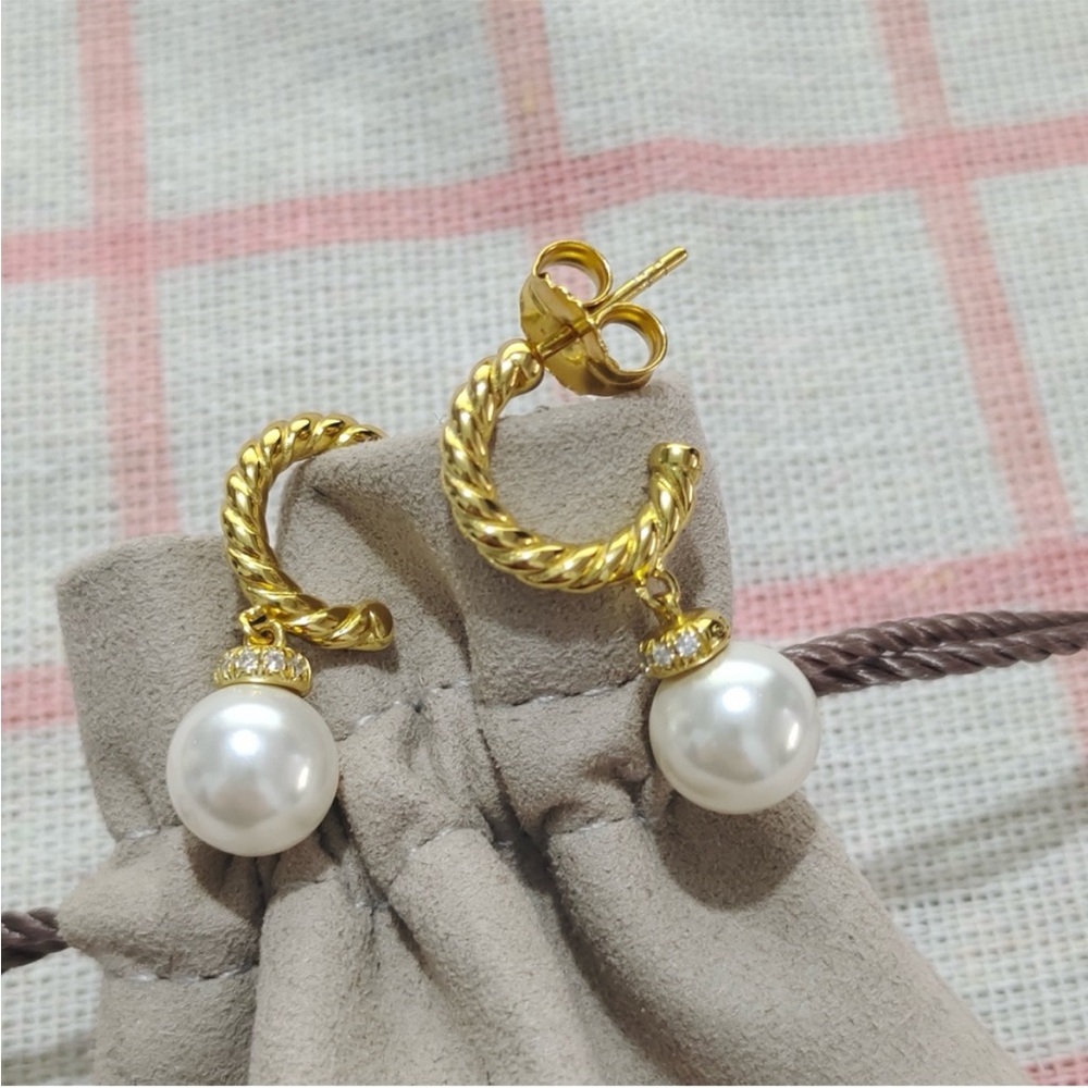 David Yurman Gold-Tone Twisted Hoop Pearl Drop Earrings